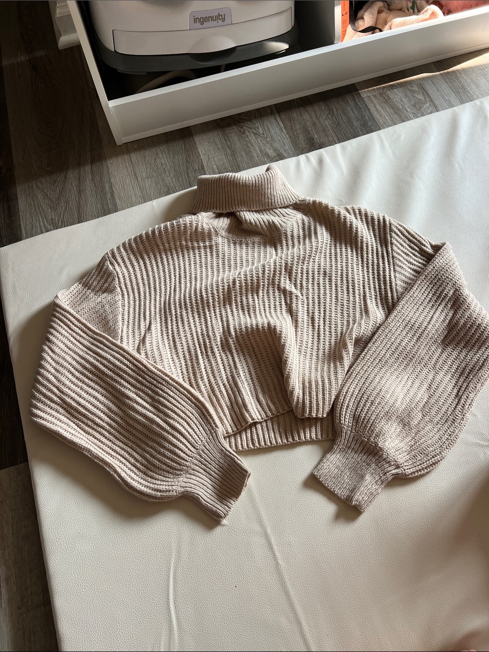Turtleneck Cropped Rib Knit Sweater in Light Beige